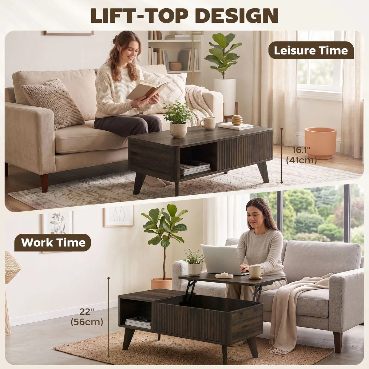 40" Fluted Lift Top Coffee Table, Walnut Storage Table Coffee Tables at Gallery Canada