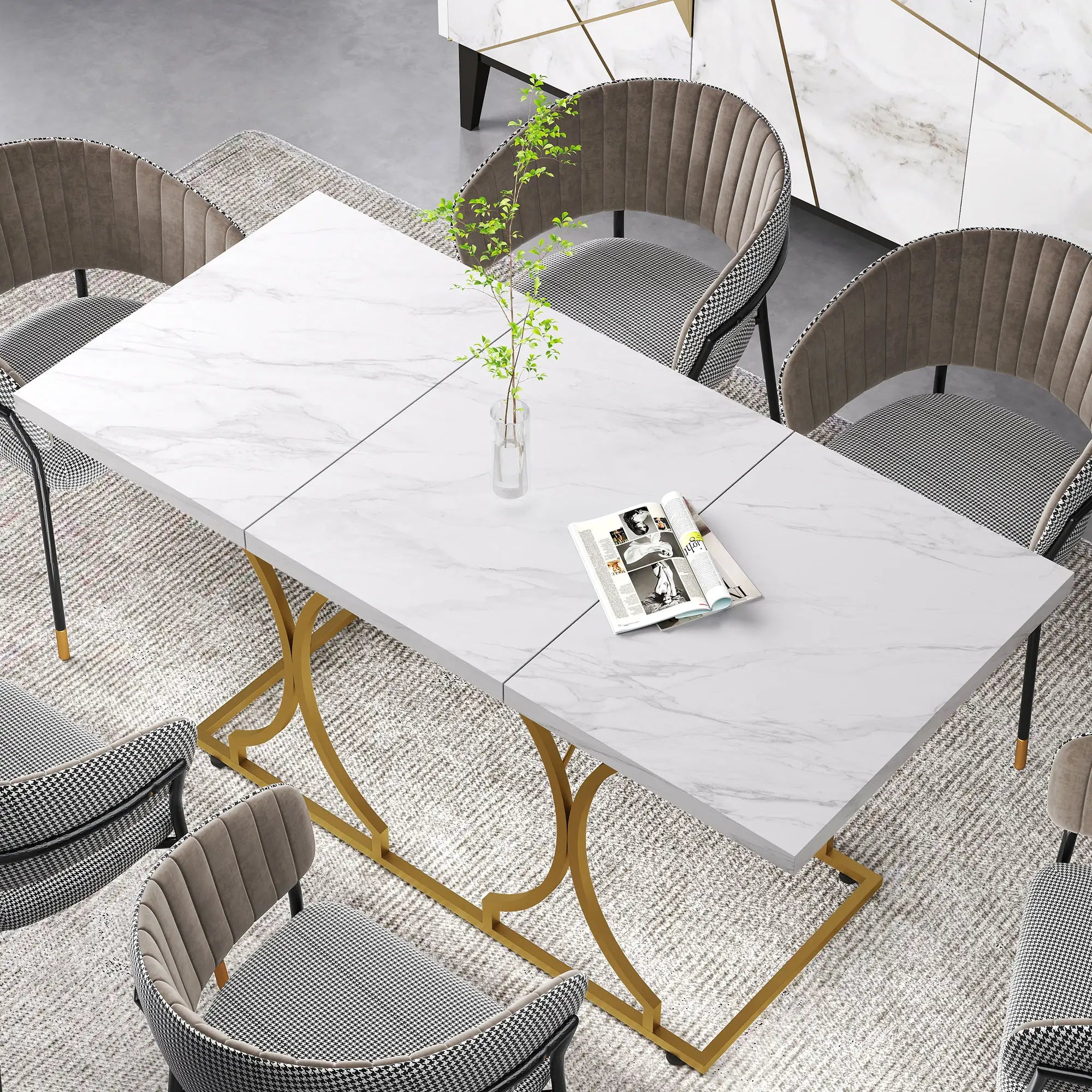 59-Inch Dining Table for 6, Modern Marble-Pattern, White Dining Tables at Gallery Canada
