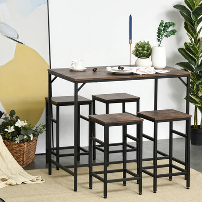5-Piece Industrial Rectangular Bar Table Set, 4 Stools, Rustic Brown, Brown Bar Sets at Gallery Canada
