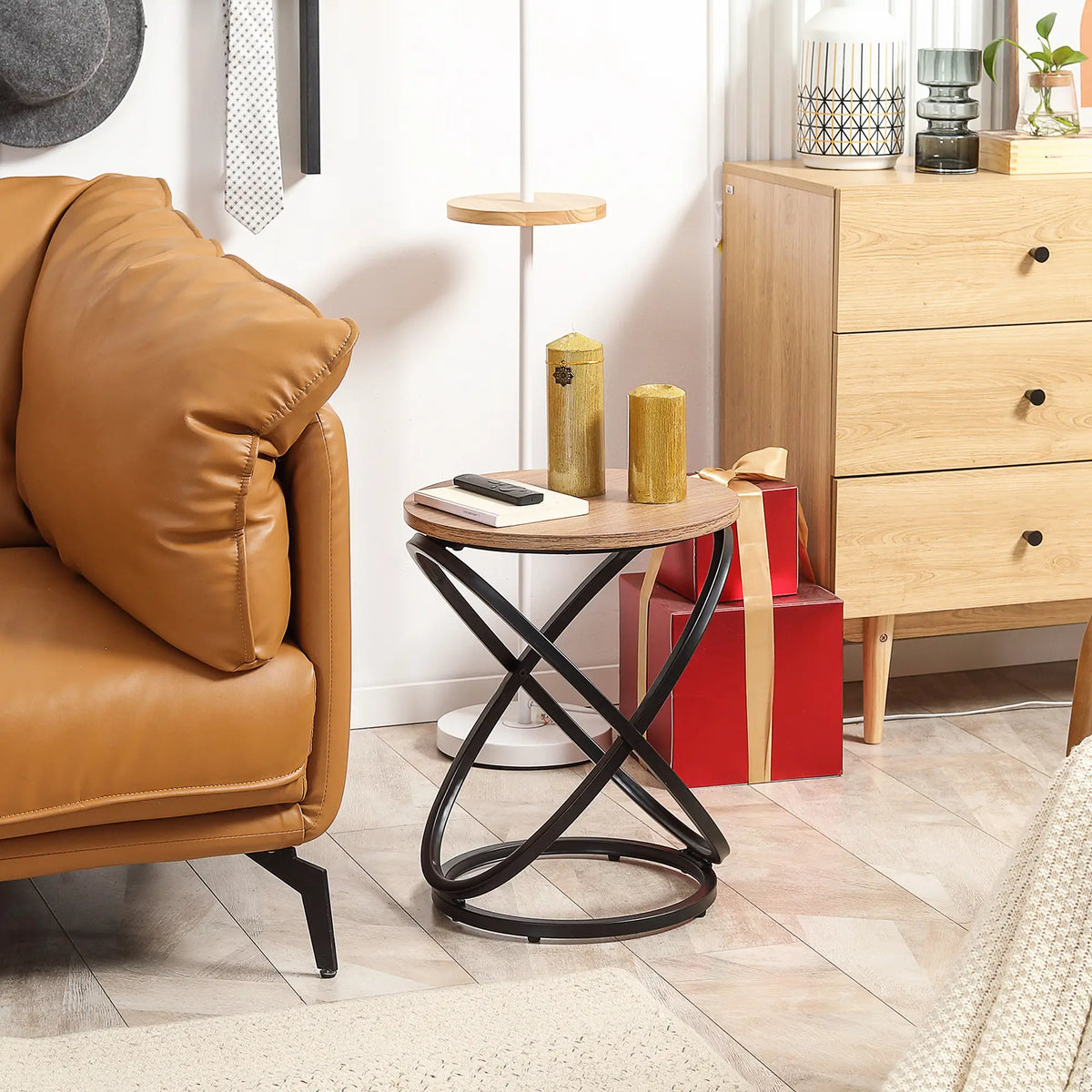 Industrial Round End Table, Steel Frame, 15.7"x15.7"x19.7", Light Brown Coffee Tables at Gallery Canada