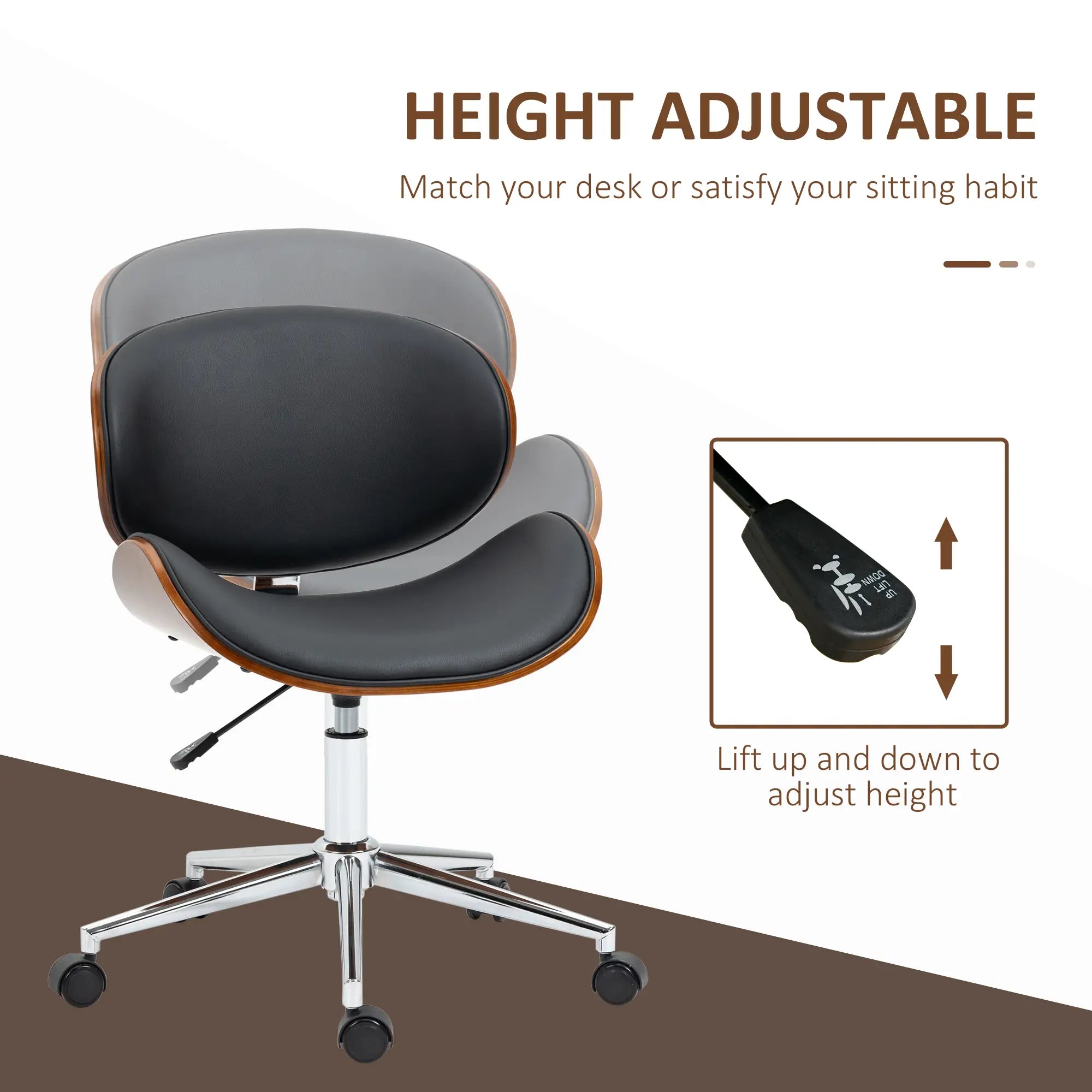 Faux Leather Bentwood Desk Chair, Adjustable Height, Black Task Chairs at Gallery Canada