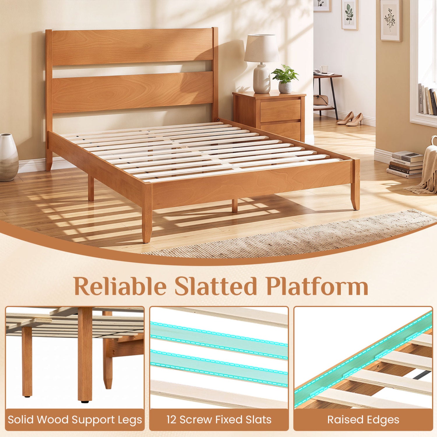 Queen Bed Frame with Headboard, Solid Wood Legs, Brown Beds & Bed Frames at Gallery Canada