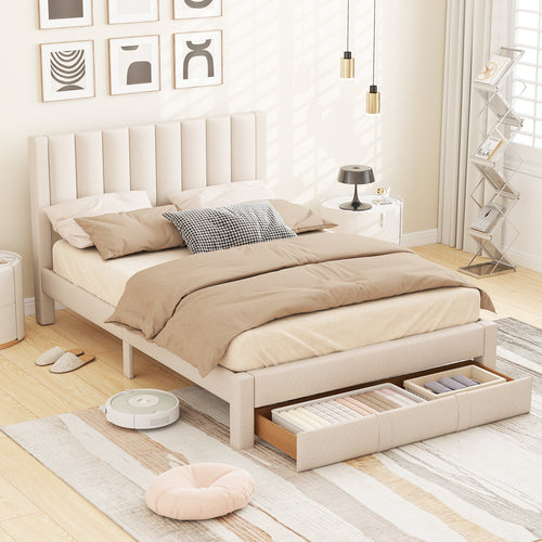 Queen Size Bed Frame, Storage Drawer, Channel Headboard, Beige
