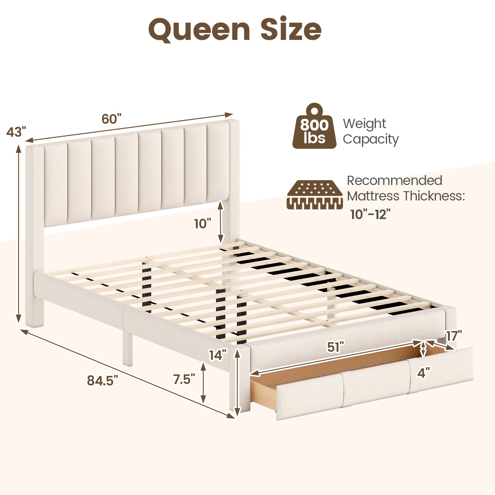 Queen Size Bed Frame, Storage Drawer, Channel Headboard, Beige Simple Bed Frame at Gallery Canada