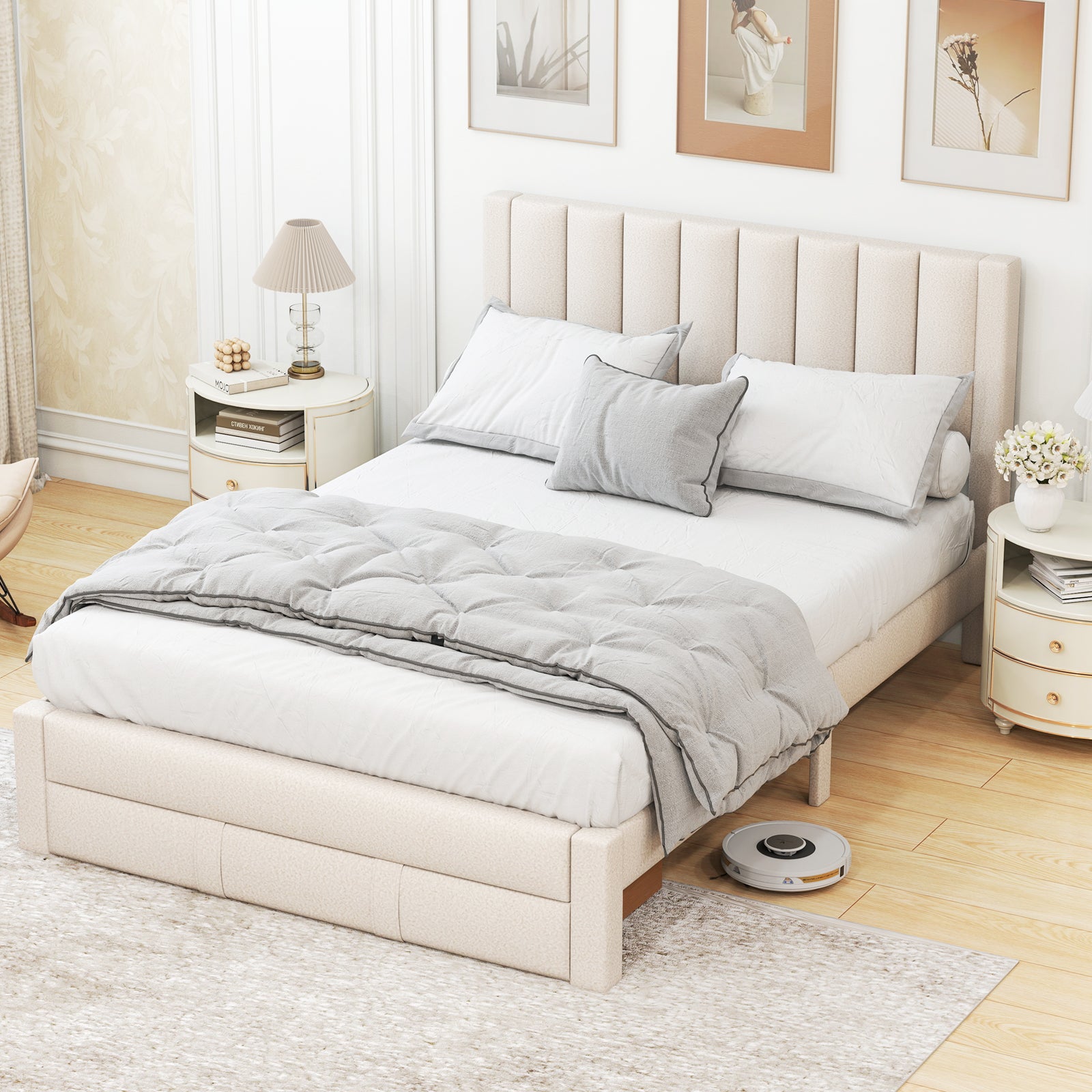 Queen Size Bed Frame, Storage Drawer, Channel Headboard, Beige Simple Bed Frame at Gallery Canada