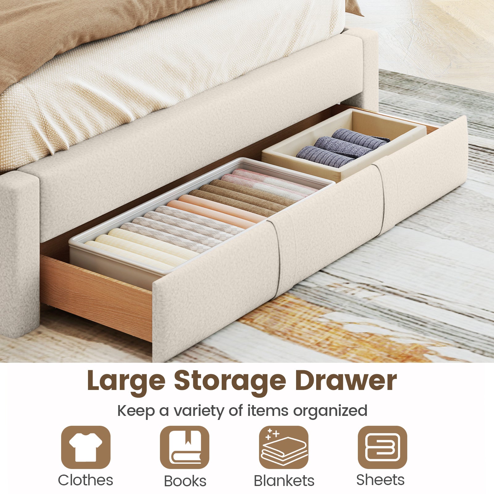 Queen Size Bed Frame, Storage Drawer, Channel Headboard, Beige Simple Bed Frame at Gallery Canada