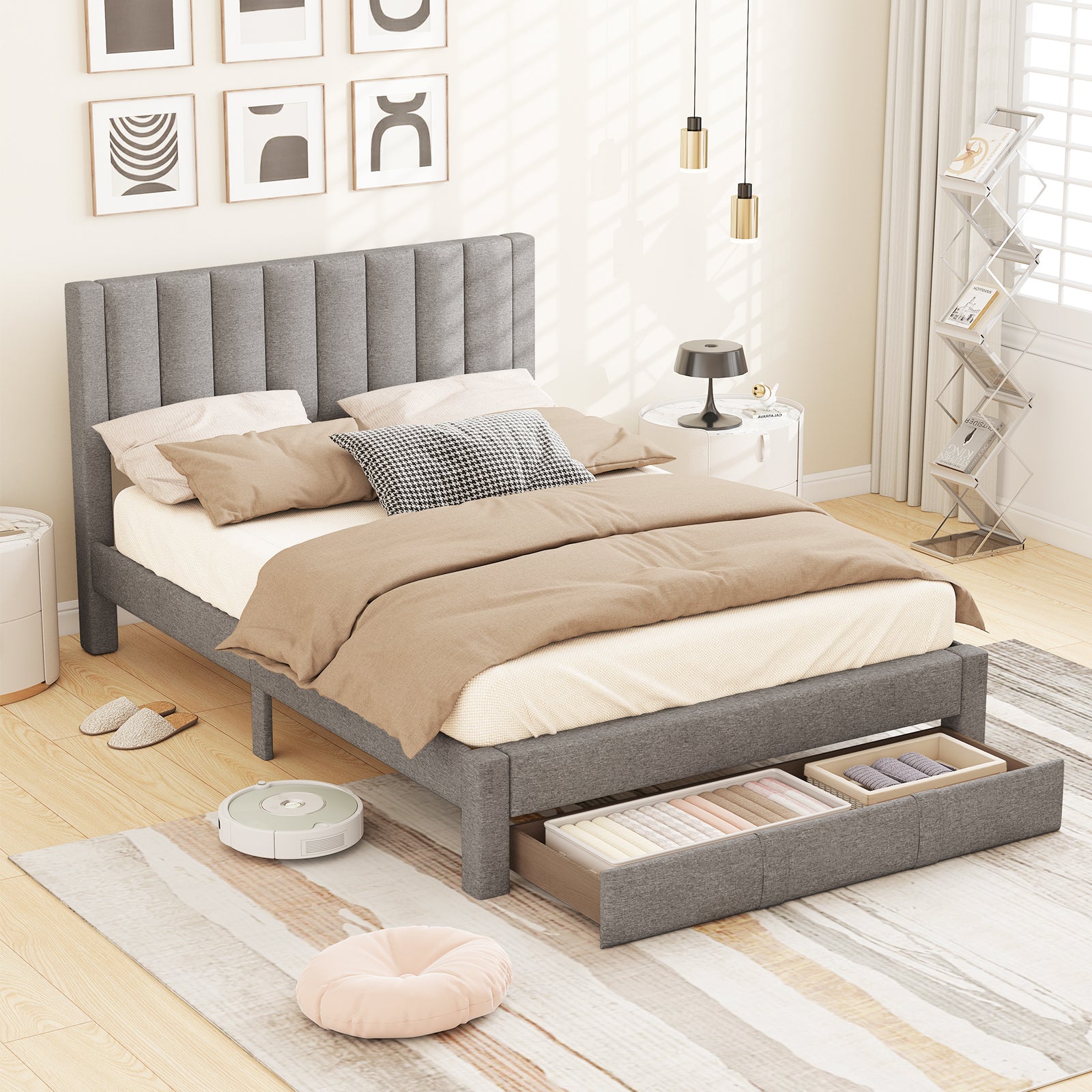 Queen Size Bed Frame, Storage Drawer, Channel Headboard, Gray Simple Bed Frame at Gallery Canada