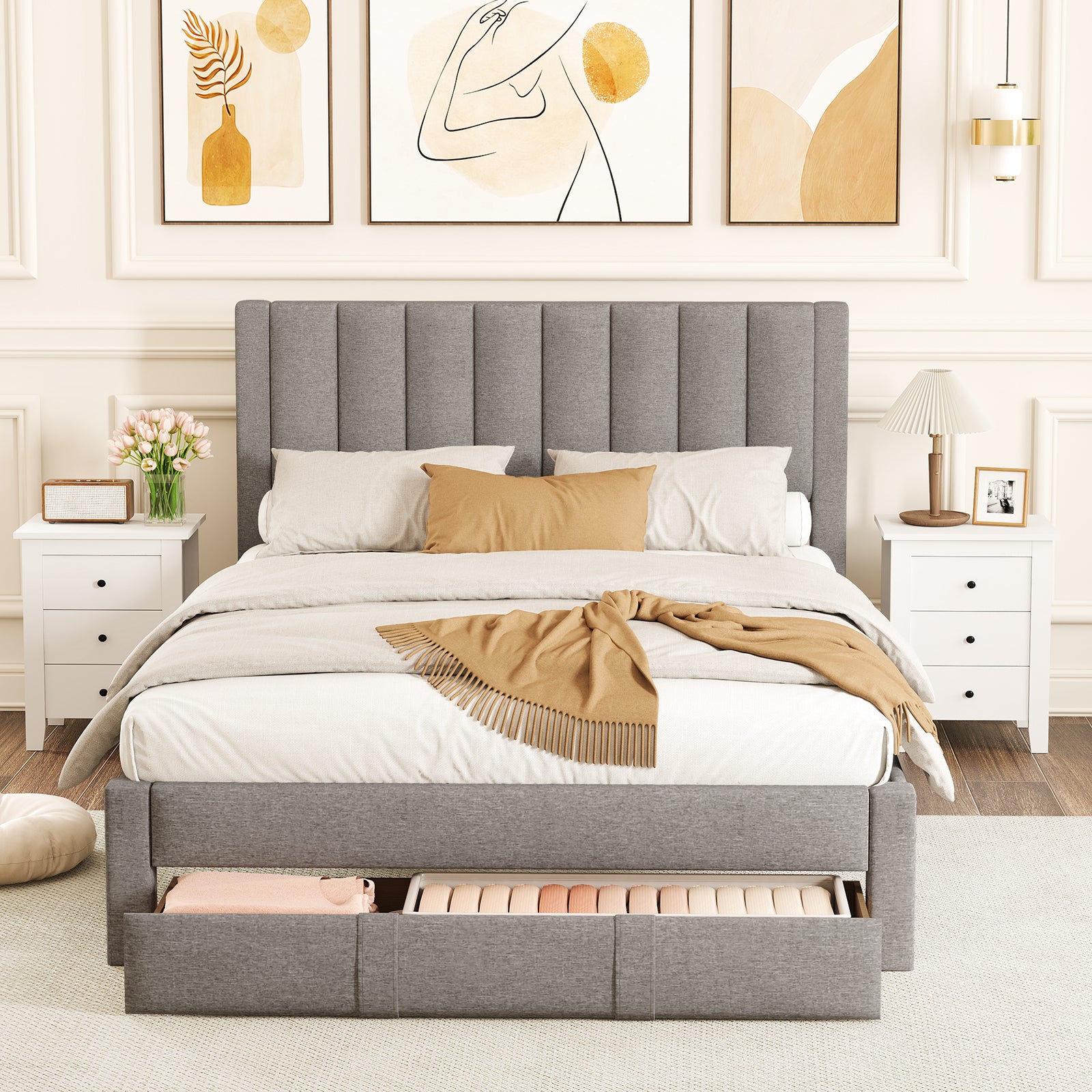 Queen Size Bed Frame, Storage Drawer, Channel Headboard, Gray Simple Bed Frame at Gallery Canada