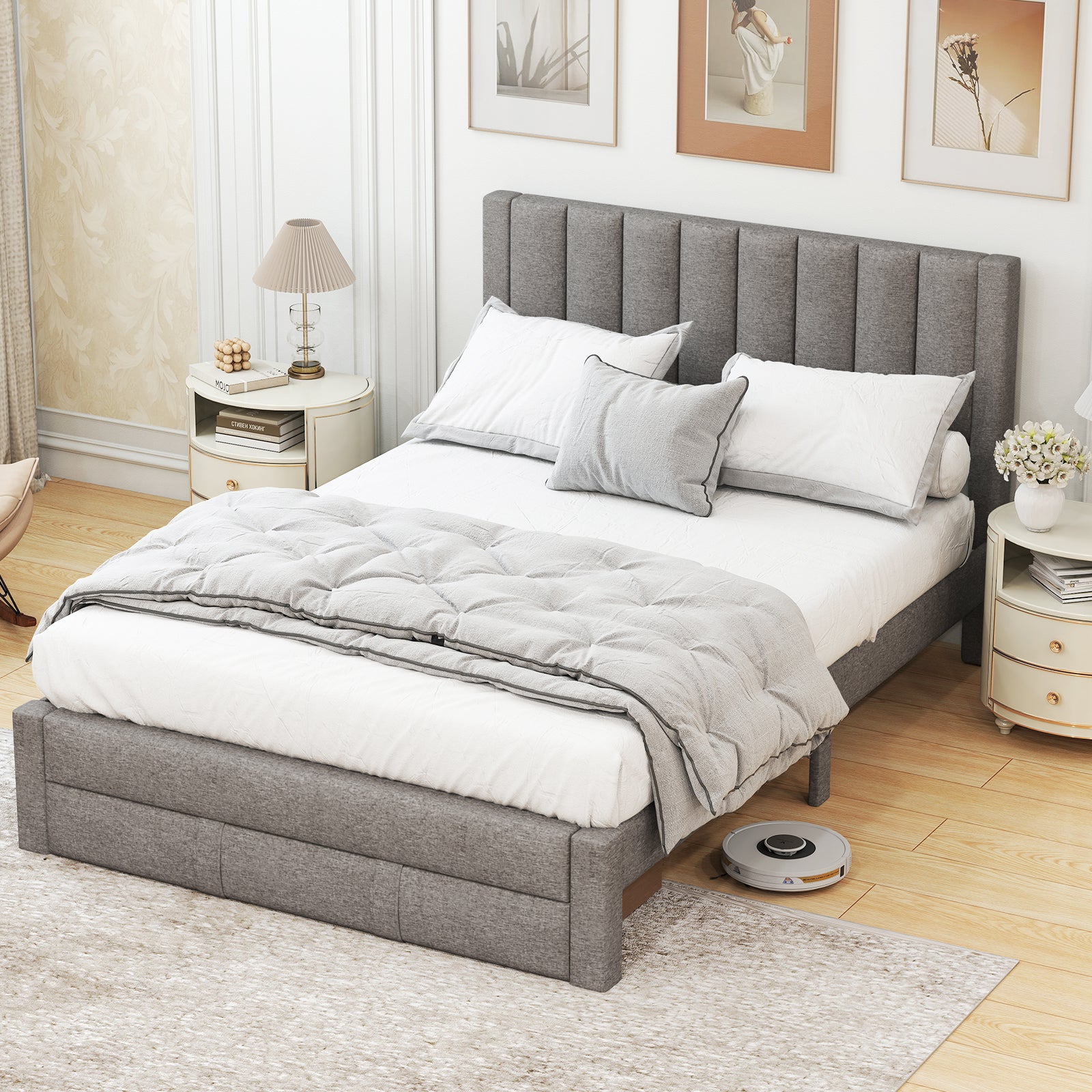 Queen Size Bed Frame, Storage Drawer, Channel Headboard, Gray Simple Bed Frame at Gallery Canada