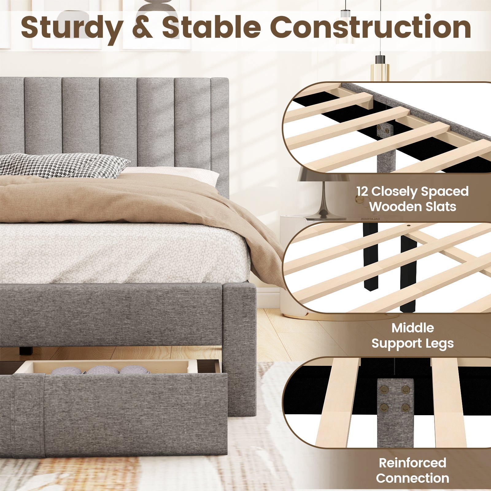Queen Size Bed Frame, Storage Drawer, Channel Headboard, Gray Simple Bed Frame at Gallery Canada