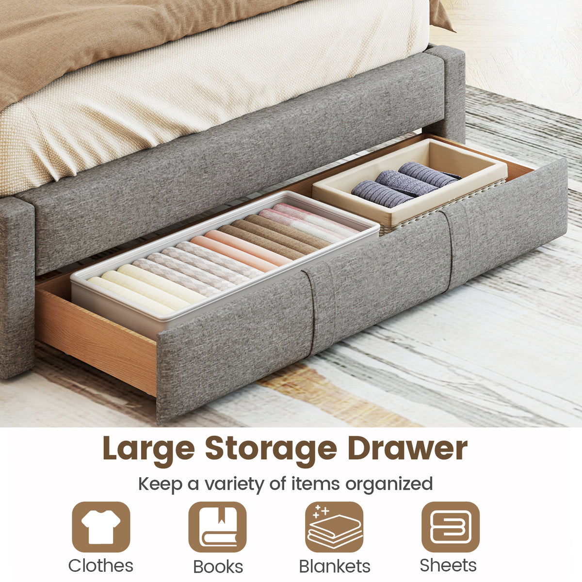 Queen Size Bed Frame, Storage Drawer, Channel Headboard, Gray Simple Bed Frame at Gallery Canada