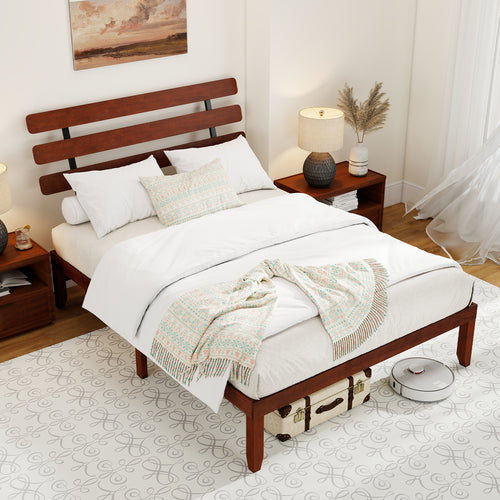 Queen Size Bed Frame, 15.5 Inch Solid Wood Platform, Retro Headboard, Walnut