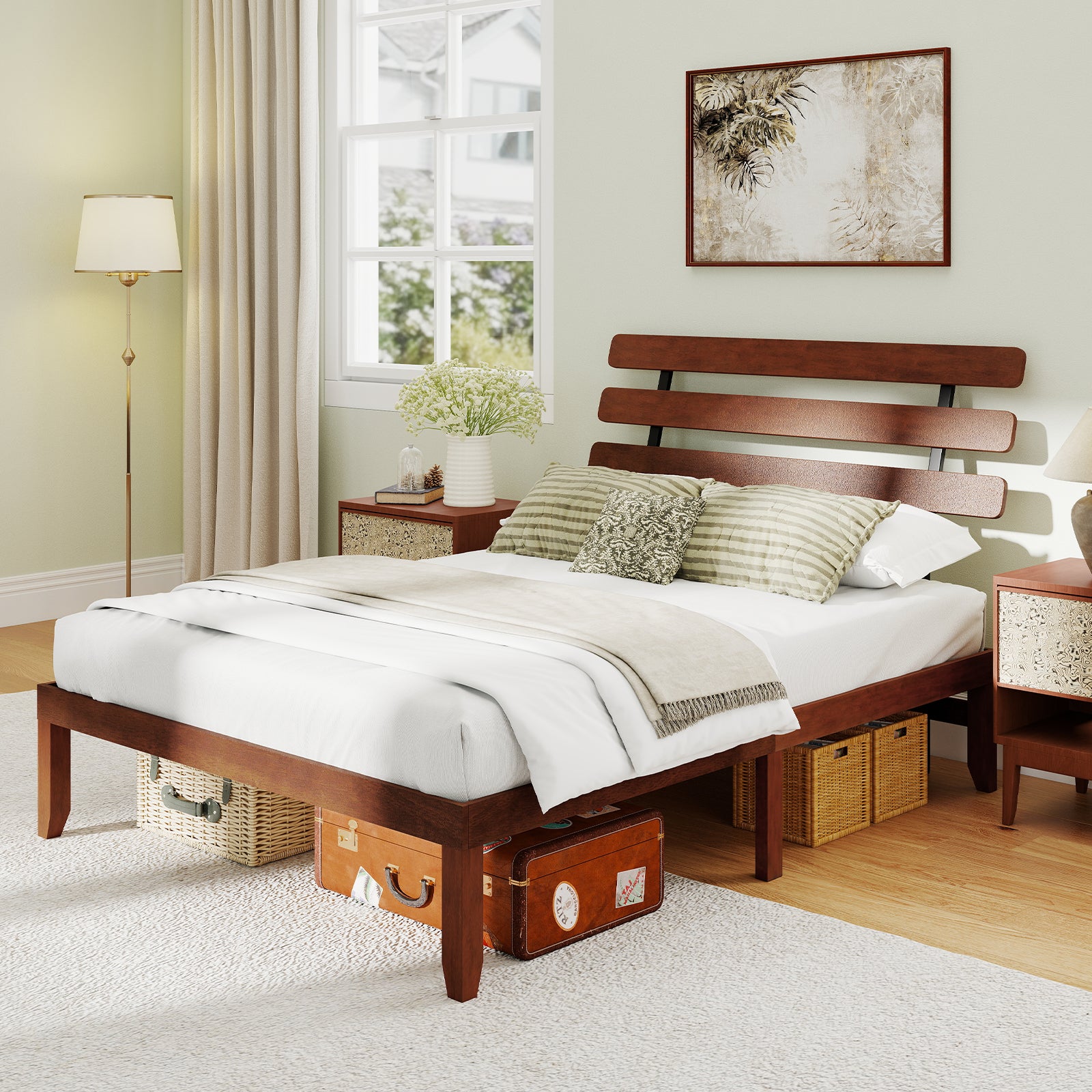 Queen Size Bed Frame, 15.5 Inch Solid Wood Platform, Retro Headboard, Walnut Simple Bed Frame at Gallery Canada