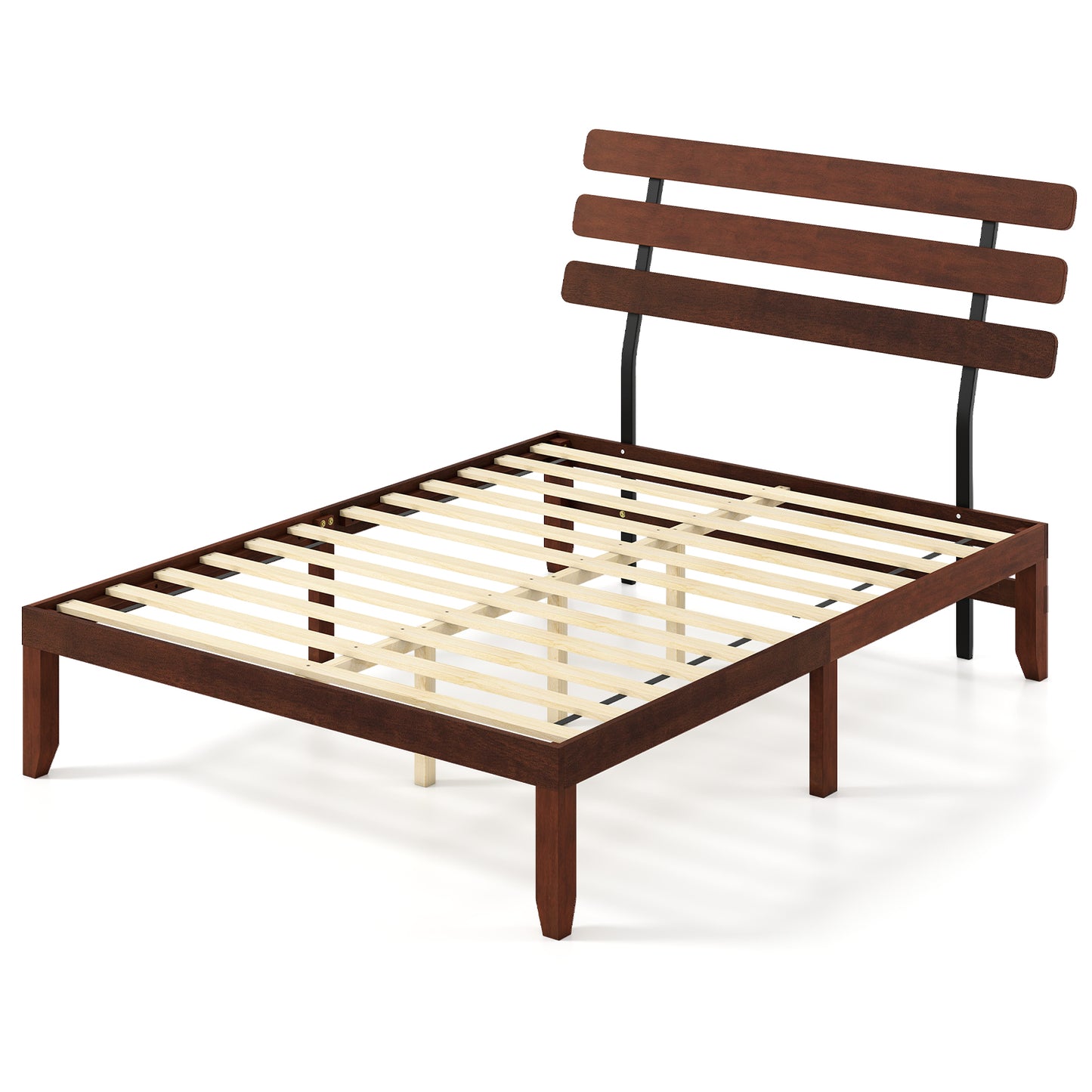 Queen Size Bed Frame, 15.5 Inch Solid Wood Platform, Retro Headboard, Walnut Simple Bed Frame at Gallery Canada