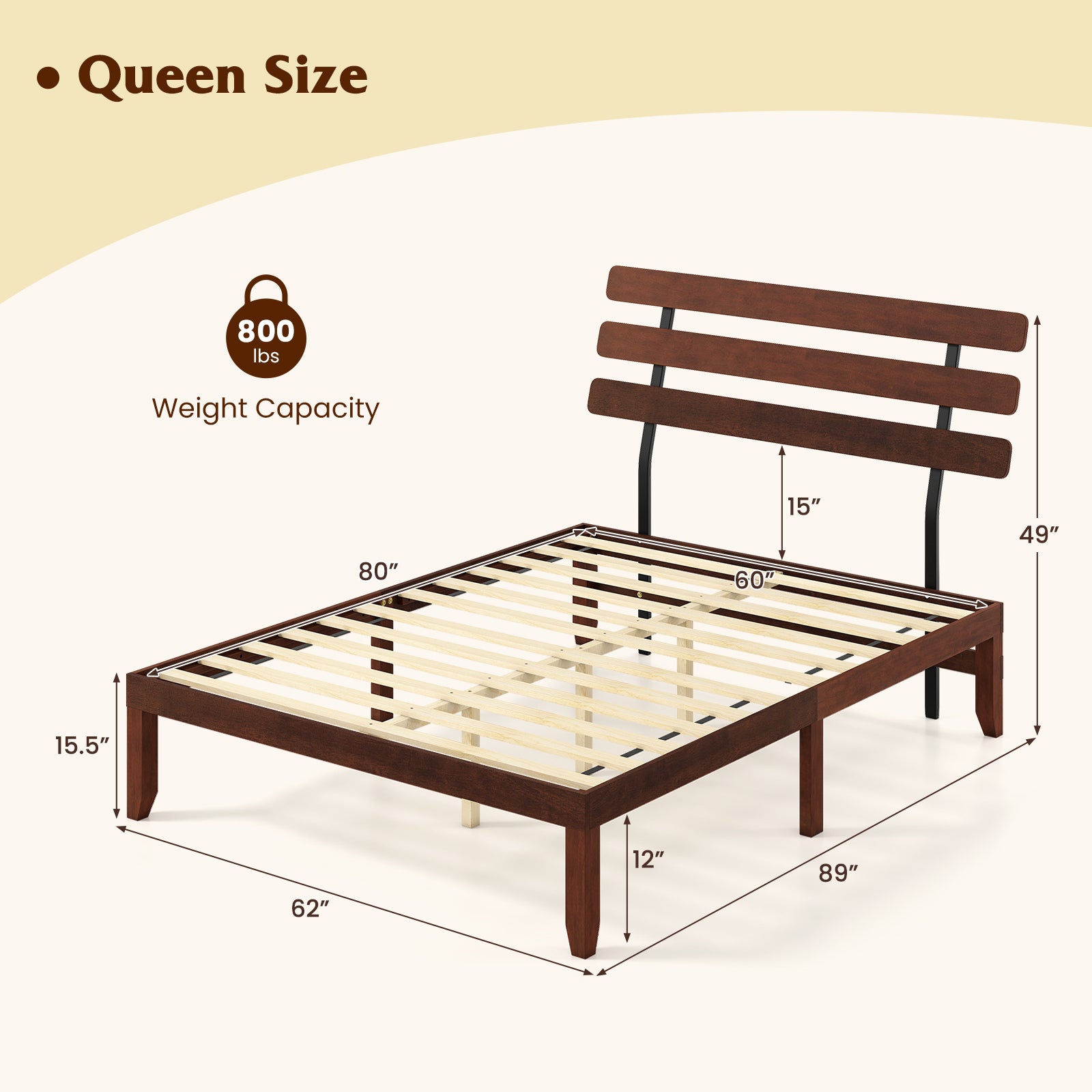 Queen Size Bed Frame, 15.5 Inch Solid Wood Platform, Retro Headboard, Walnut Simple Bed Frame at Gallery Canada