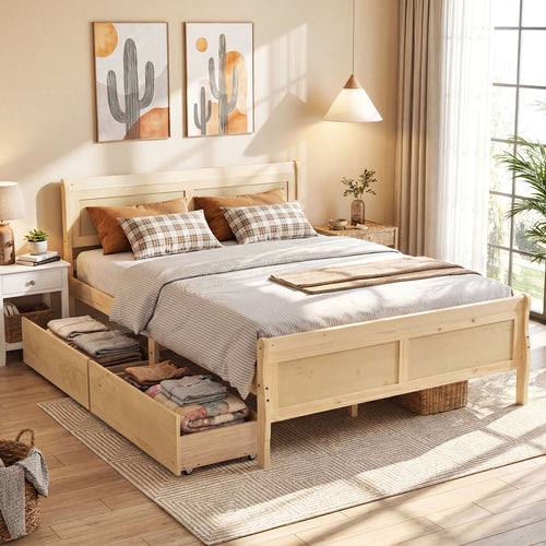 Queen Bed Frame With 2 Storage Drawers, Footboard, Natural