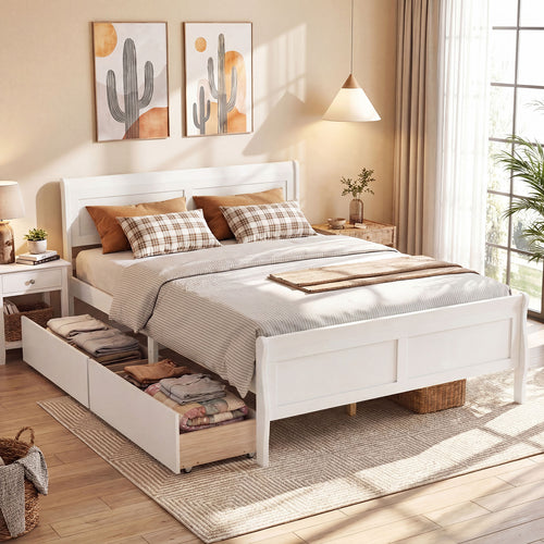 Queen Size Bed Frame, 2 Storage Drawers, Footboard, White