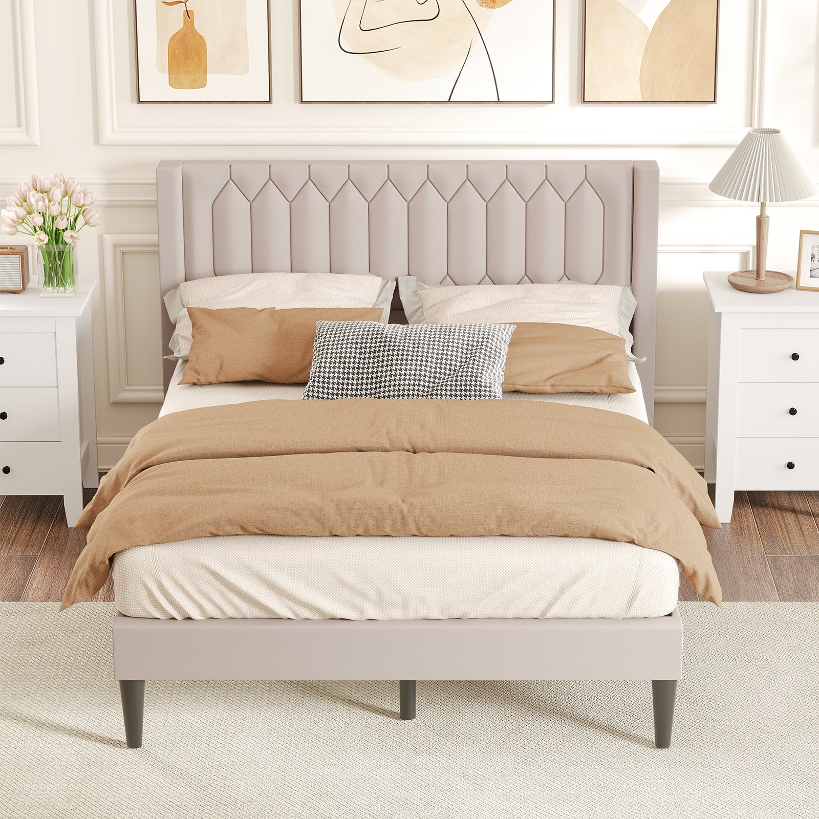 Queen Size Velvet Linen Upholstered Platform Bed With Wingback Headboard, Beige Trundle Bed Frame at Gallery Canada