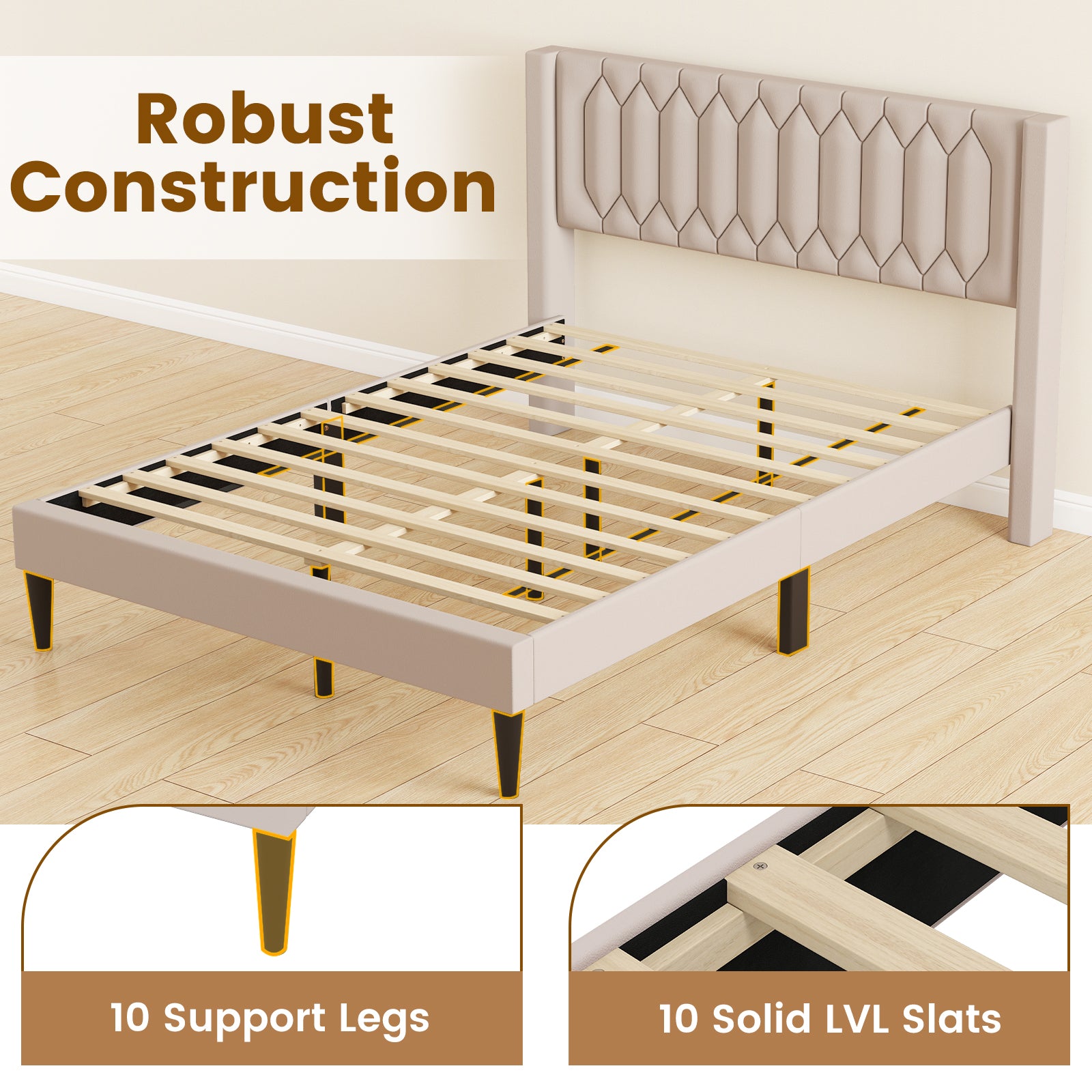 Queen Size Velvet Linen Upholstered Platform Bed With Wingback Headboard, Beige Trundle Bed Frame at Gallery Canada