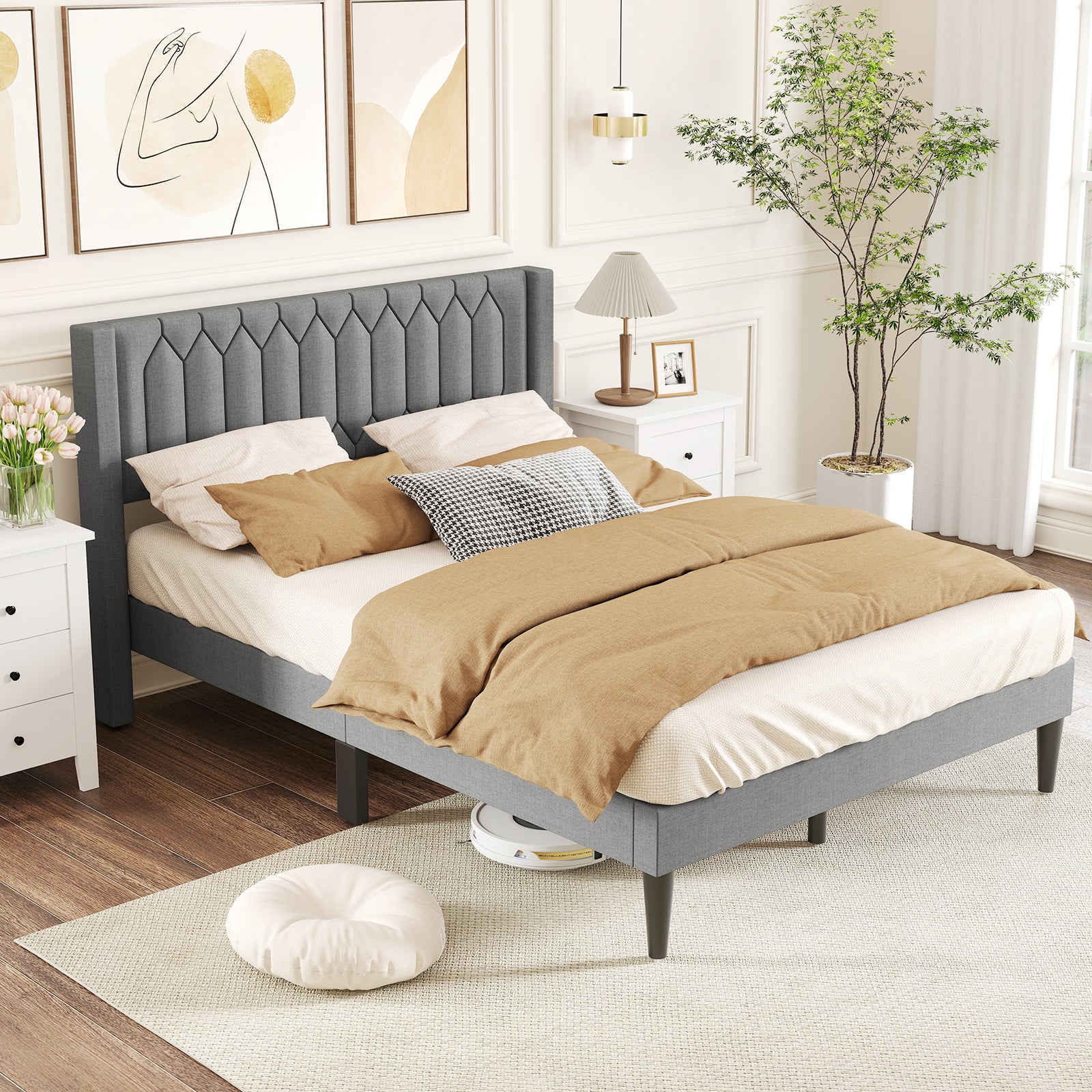 Queen Size Dutch Velvet Linen Fabric Upholstered Platform Bed, Gray Trundle Bed Frame at Gallery Canada