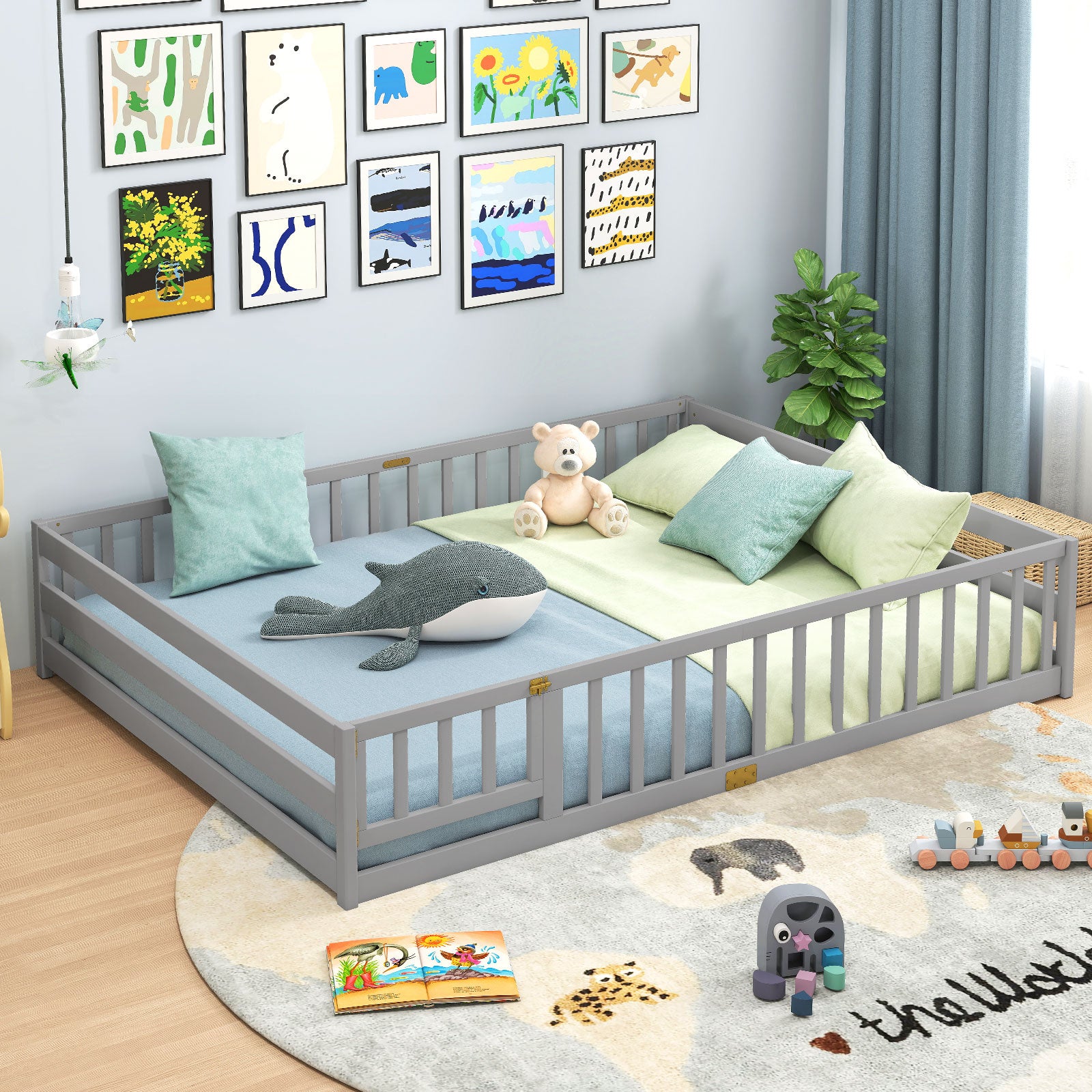Queen Size Montessori Bed Frame With Safety Guardrails, Gray Simple Bed Frame at Gallery Canada