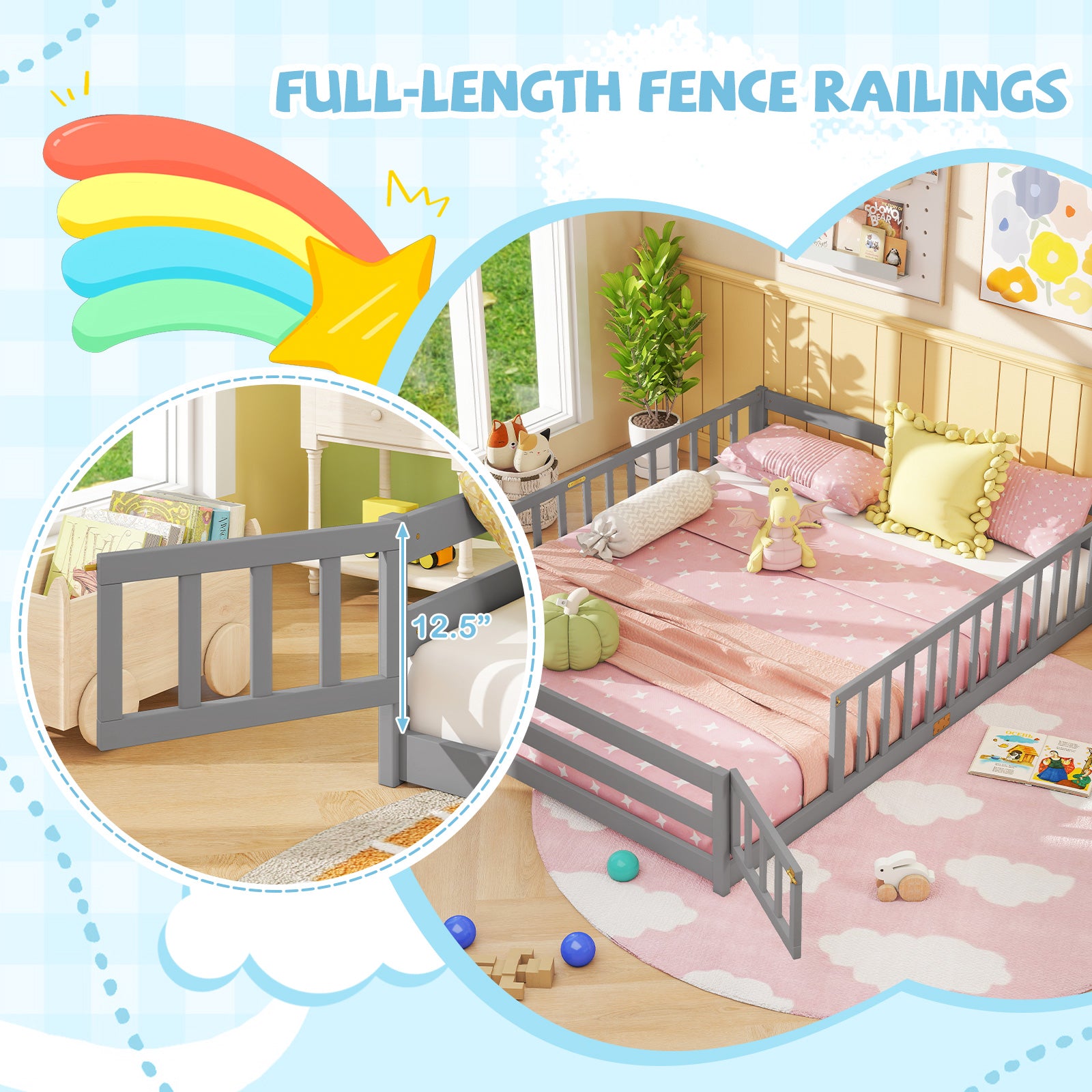 Queen Size Montessori Bed Frame With Safety Guardrails, Gray Simple Bed Frame at Gallery Canada