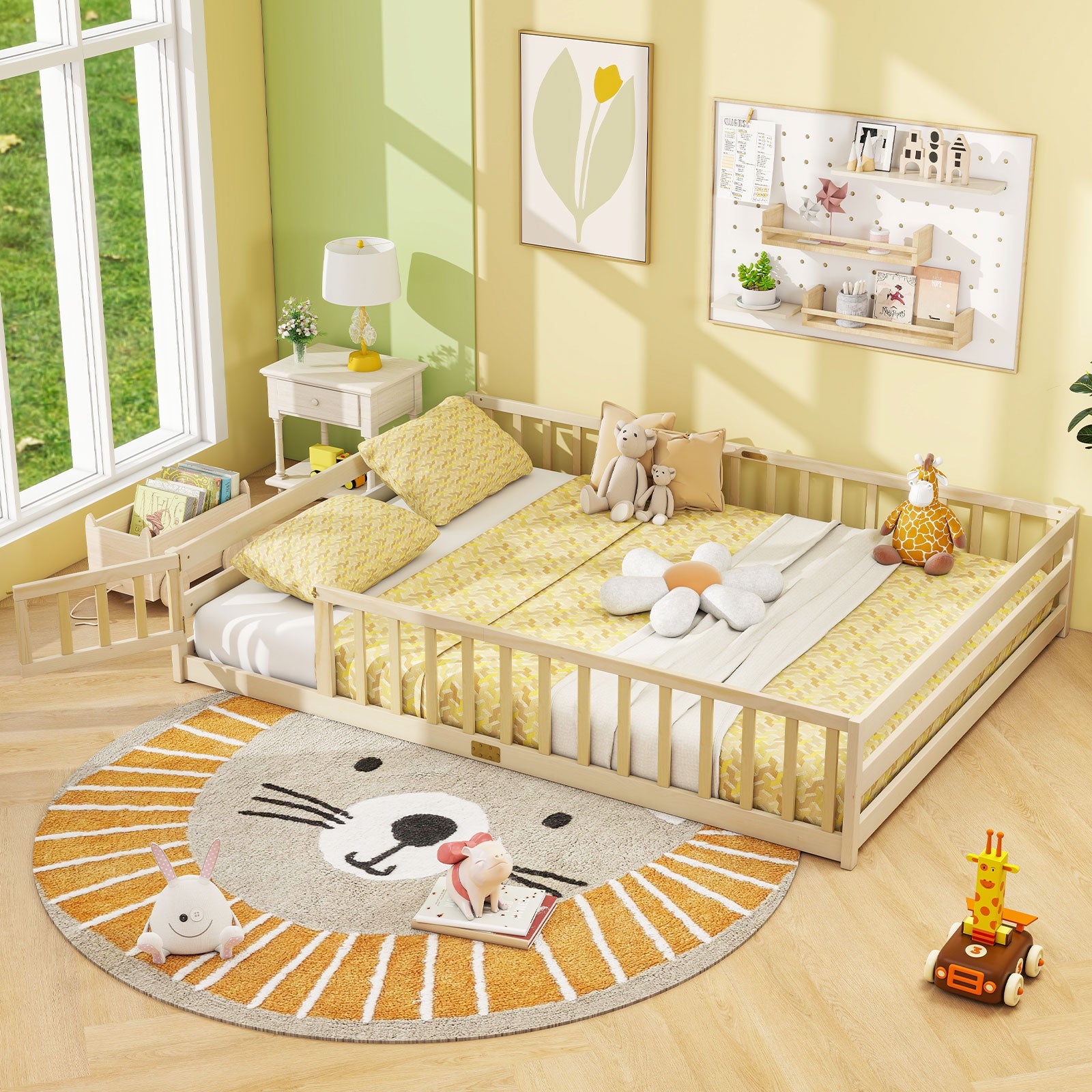 Queen Size Floor Bed Frame, Full Safety Guardrails, Natural Simple Bed Frame at Gallery Canada