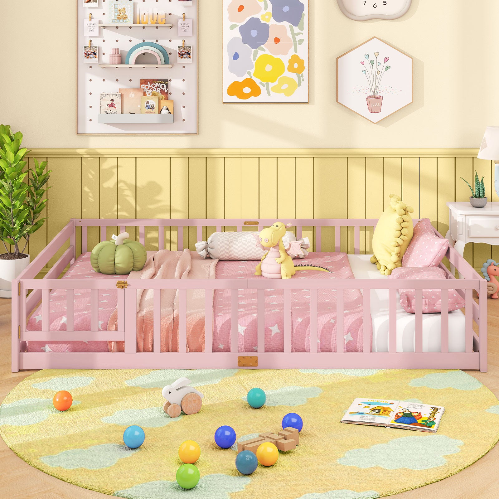 Queen Size Montessori Bed Frame With Safety Guardrails, Pink Simple Bed Frame at Gallery Canada