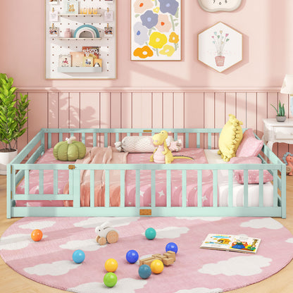Queen Size Floor Bed Frame, Kids Montessori Bed With Safety Guardrails, Green Simple Bed Frame at Gallery Canada