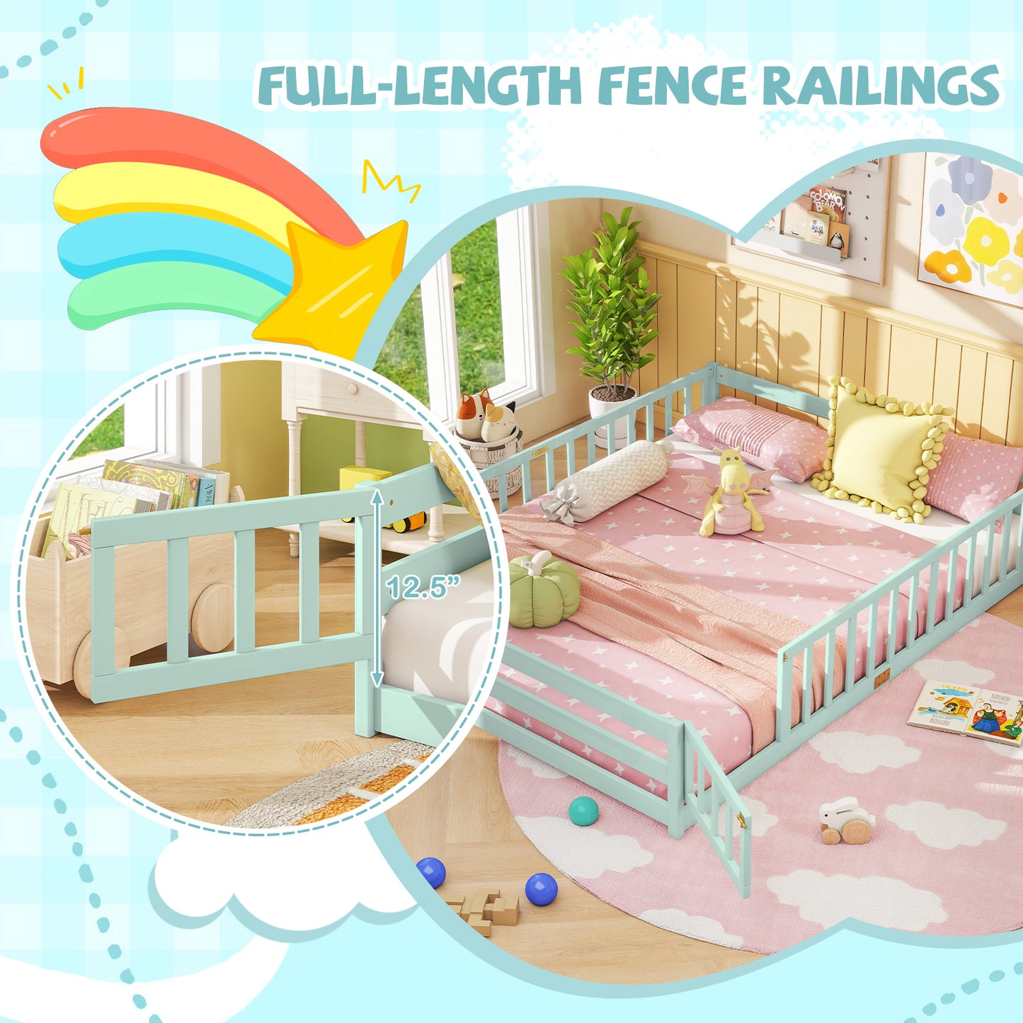 Queen Size Floor Bed Frame, Kids Montessori Bed With Safety Guardrails, Green Simple Bed Frame at Gallery Canada