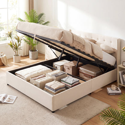Queen Size Lift-up Storage Bed Modern Linen Upholstered Platform Bed, Beige Simple Bed Frame at Gallery Canada