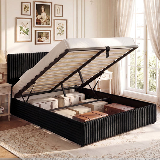 Queen Size Lift-up Storage Bed with Wooden Slat Support, Black Simple Bed Frame Black at Gallery Canada
