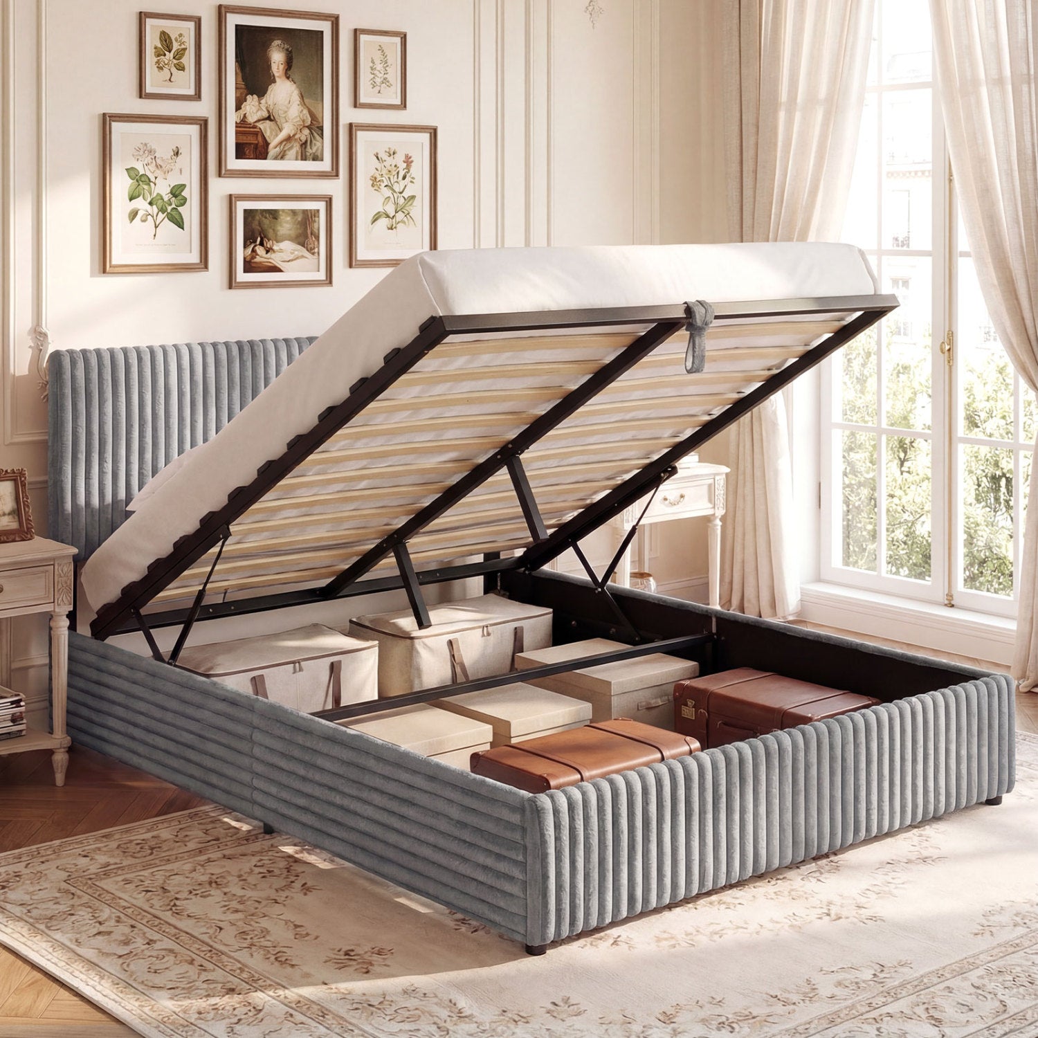 Queen Size Lift-up Storage Bed with Wooden Slat Support, Gray Simple Bed Frame at Gallery Canada