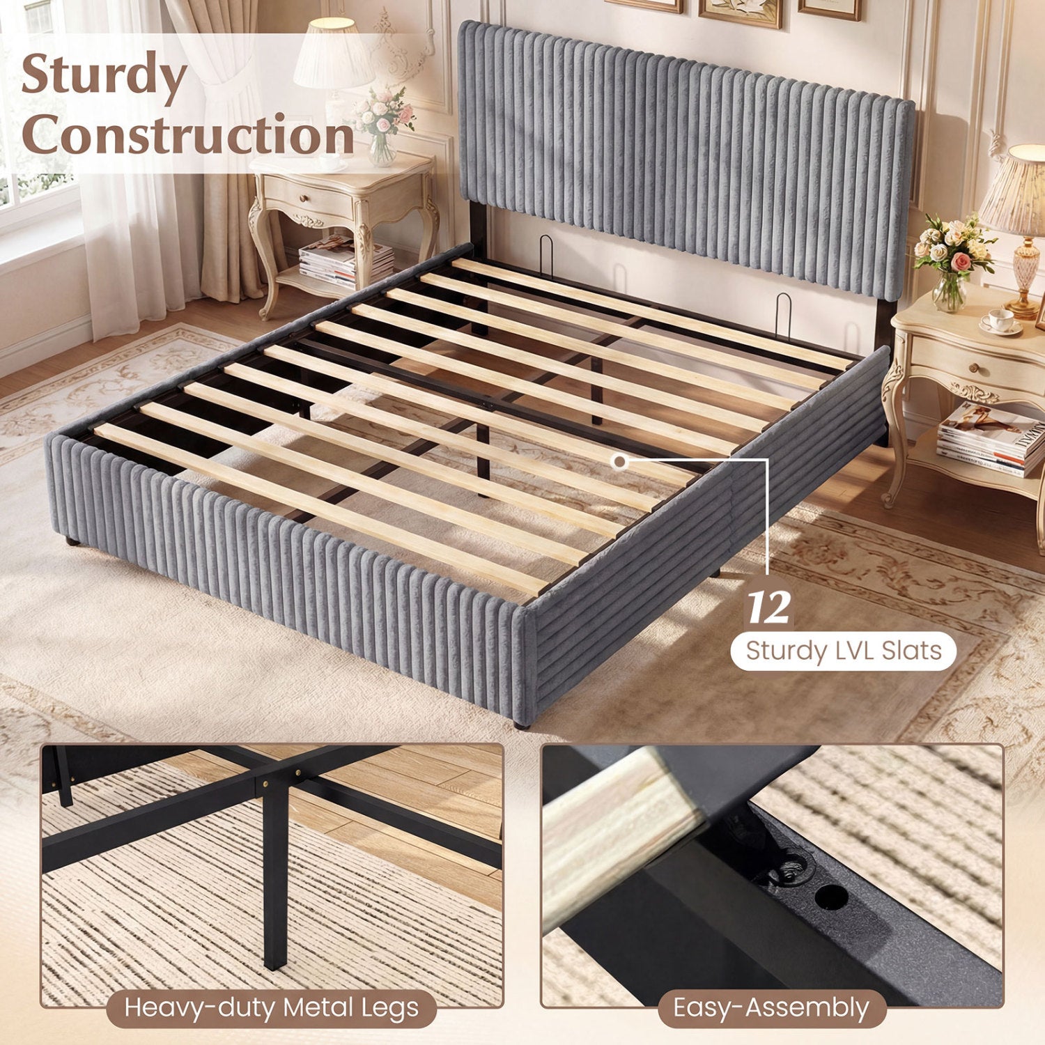 Queen Size Lift-up Storage Bed with Wooden Slat Support, Gray Simple Bed Frame at Gallery Canada