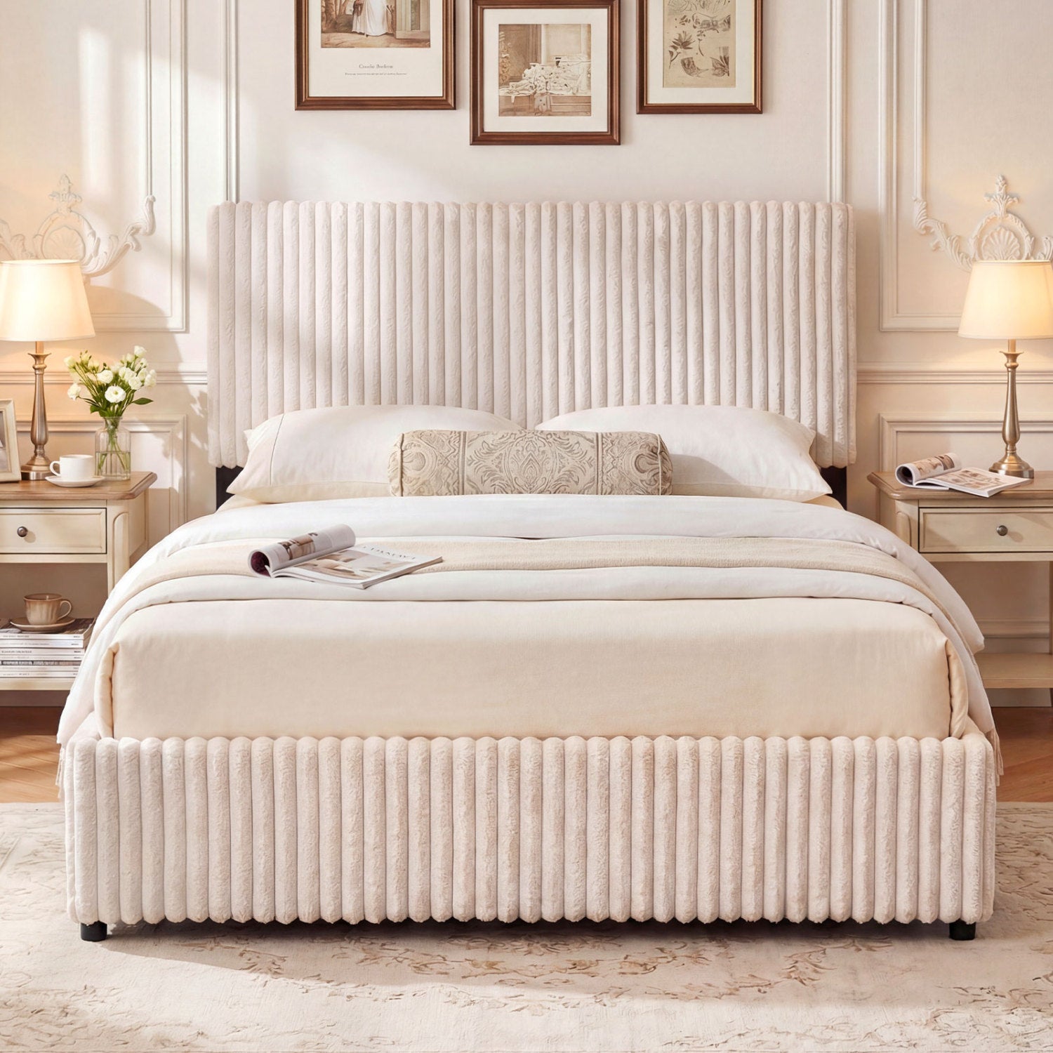 Queen Size Lift-up Storage Bed with Wooden Slat Support, Beige Simple Bed Frame at Gallery Canada
