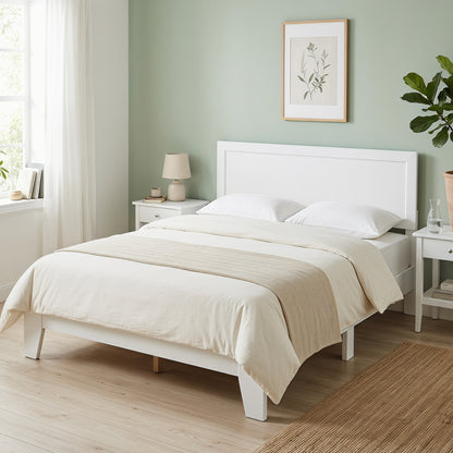 Queen Size Modern Bed Frame with Headboard, White Simple Bed Frame at Gallery Canada