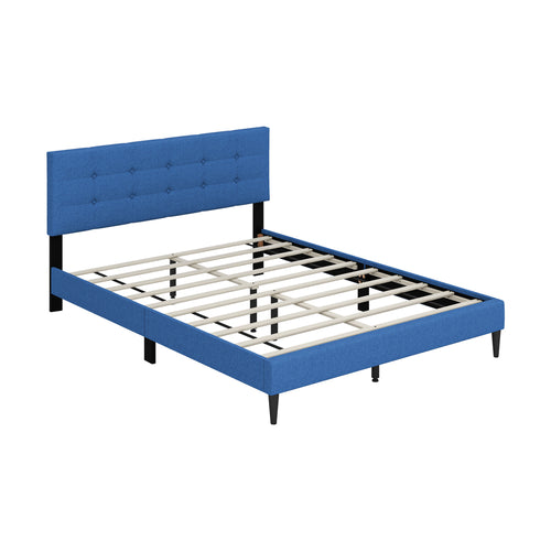 Queen Size Platform Bed, Button Tufted Headboard, Blue