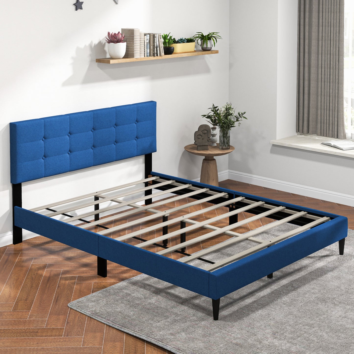 Queen Size Platform Bed, Button Tufted Headboard, Blue Simple Bed Frame at Gallery Canada
