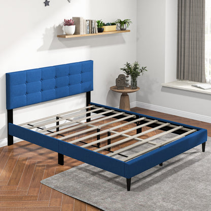 Queen Size Platform Bed, Button Tufted Headboard, Blue Simple Bed Frame at Gallery Canada