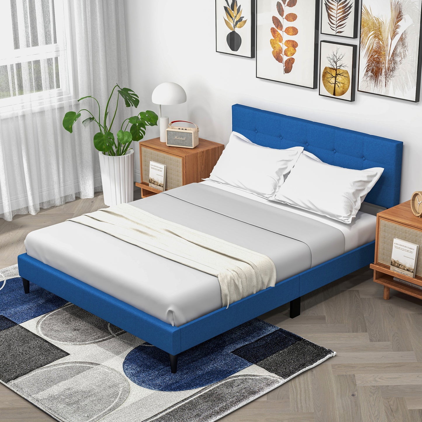 Queen Size Platform Bed, Button Tufted Headboard, Blue Simple Bed Frame at Gallery Canada