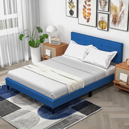 Queen Size Platform Bed, Button Tufted Headboard, Blue Simple Bed Frame at Gallery Canada