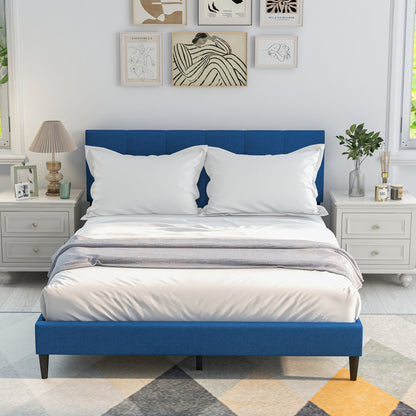 Queen Size Platform Bed, Button Tufted Headboard, Blue Simple Bed Frame at Gallery Canada