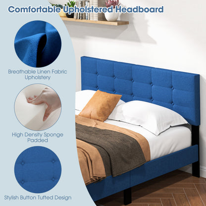 Queen Size Platform Bed, Button Tufted Headboard, Blue Simple Bed Frame at Gallery Canada