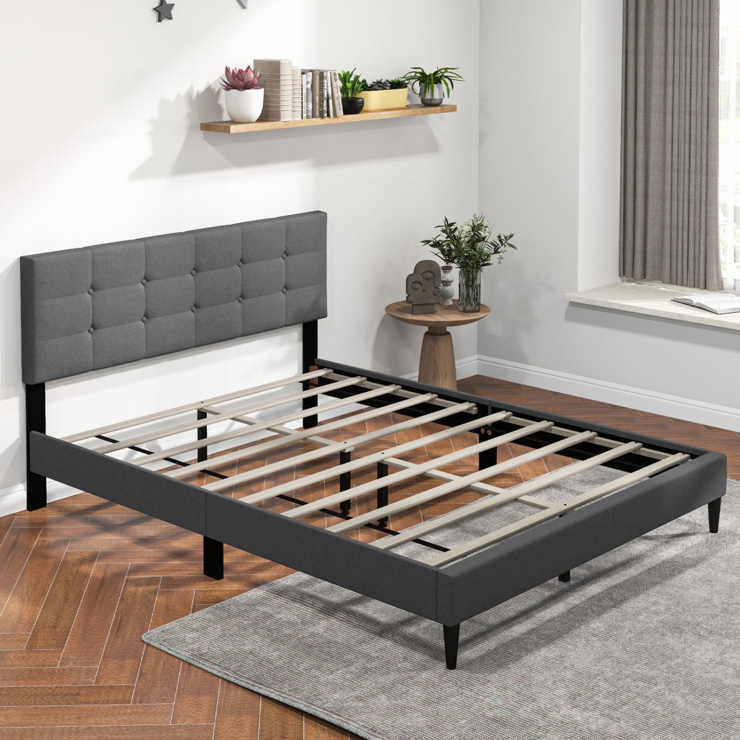 Queen Size Platform Bed, Button Tufted Headboard, Gray Simple Bed Frame at Gallery Canada