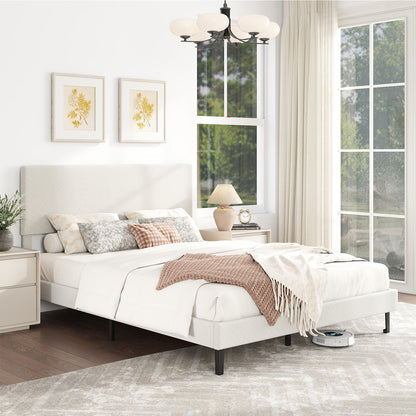 Queen Velvet Upholstered Bed Frame, Platform Bed with Chevron Headboard, Beige Simple Bed Frame at Gallery Canada