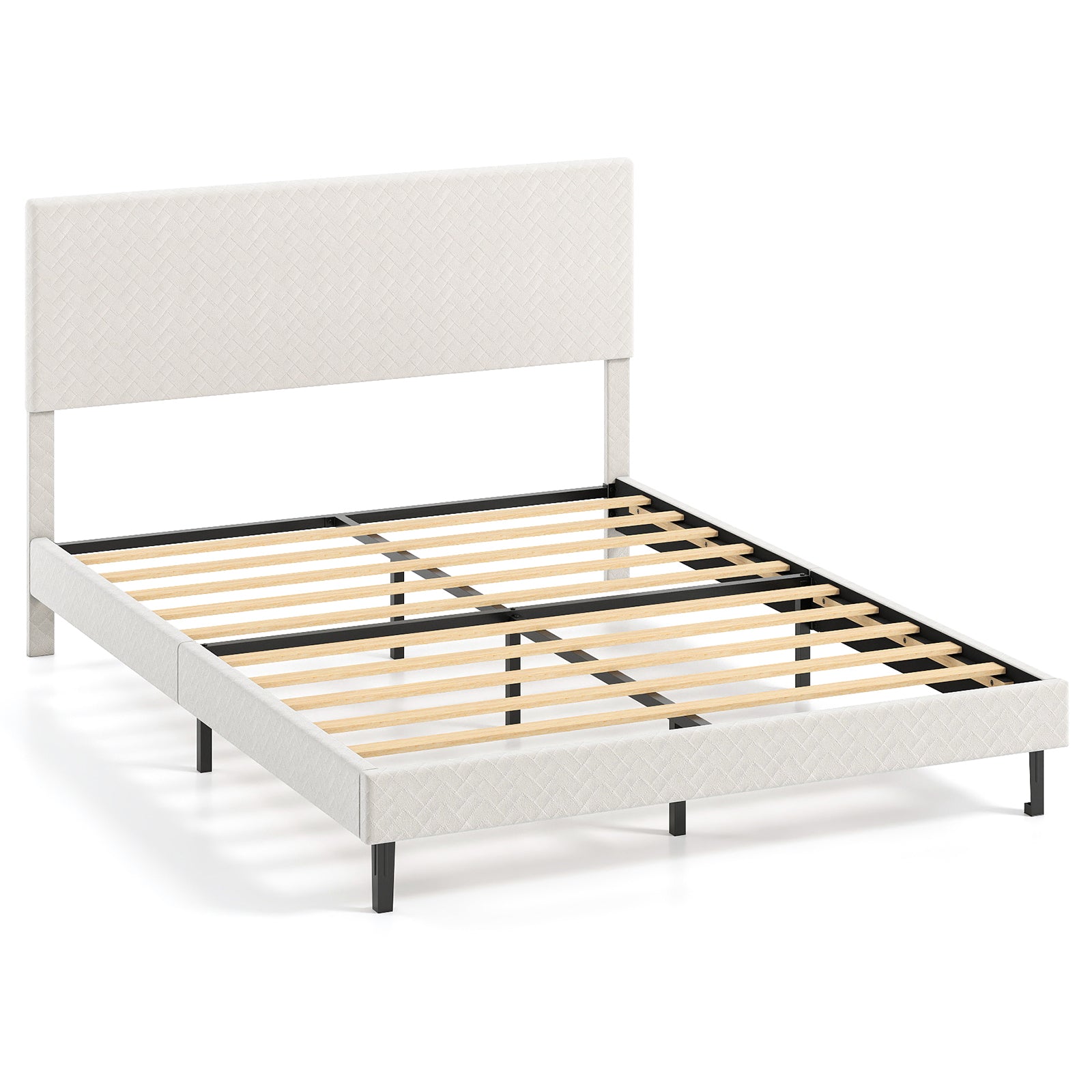 Queen Velvet Upholstered Bed Frame, Platform Bed with Chevron Headboard, Beige Simple Bed Frame at Gallery Canada
