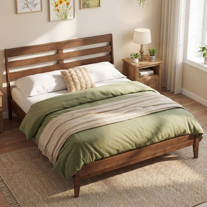 Queen Wood Platform Bed Frame, Slat Headboard, Brown Simple Bed Frame at Gallery Canada