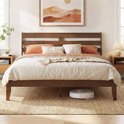 Queen Wood Platform Bed Frame, Slat Headboard, Brown Simple Bed Frame at Gallery Canada