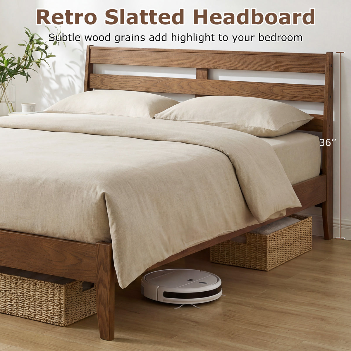 Queen Wood Platform Bed Frame, Slat Headboard, Brown Simple Bed Frame at Gallery Canada