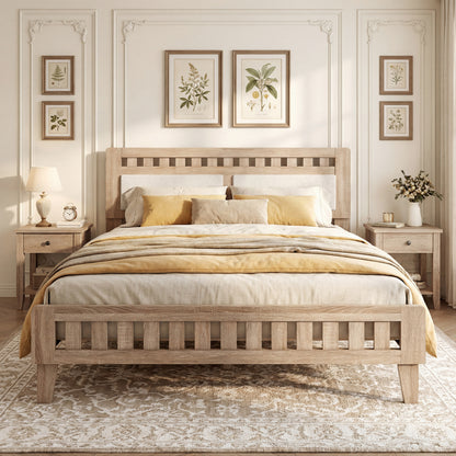 Queen Wood Bed Frame with Upholstered Headboard, Natural Simple Bed Frame at Gallery Canada